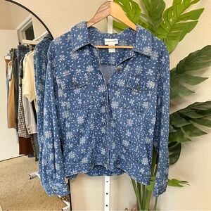 🤍 Alfred Dunner Floral Denim Button Up Shirt | Blue Stretch Sz 14